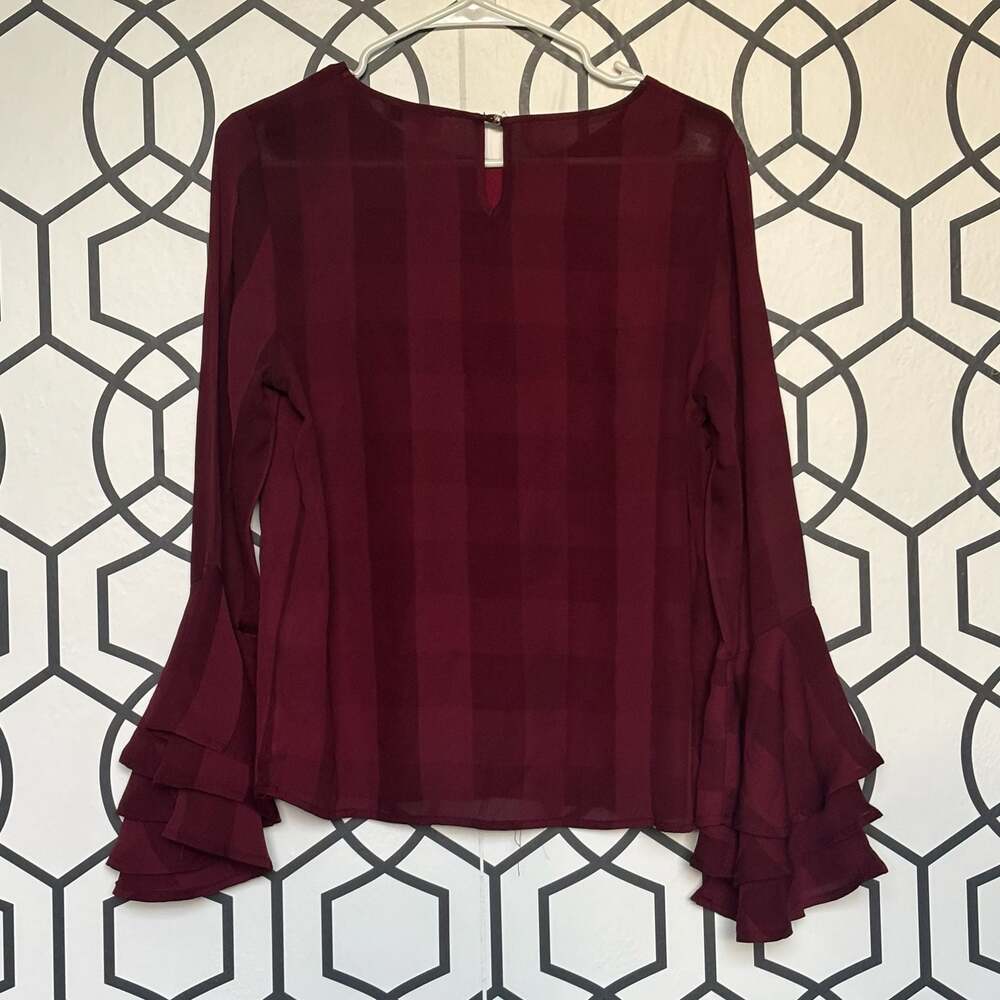 NSR Burgundy Striped Tiered Ruffle Sleeve Blouse Size M